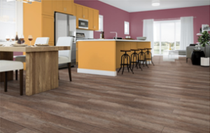 Kitchen with yellow cabinets, purple walls, and TORLYS floors