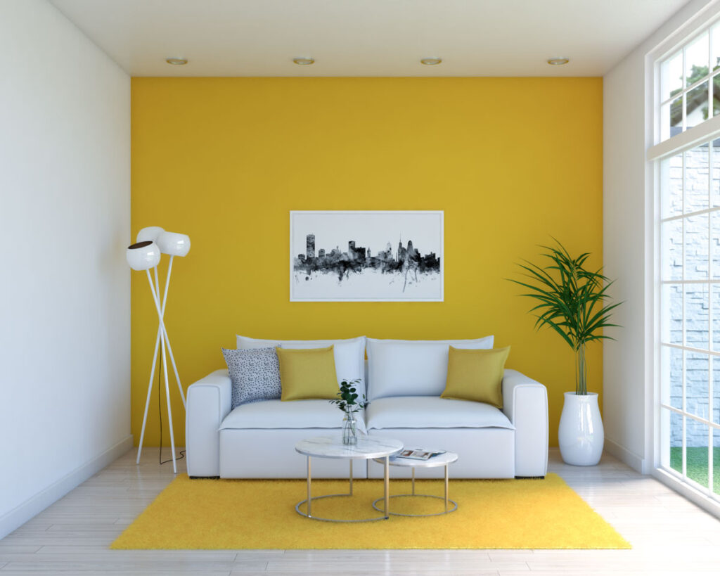 Living room with yellow accent wall